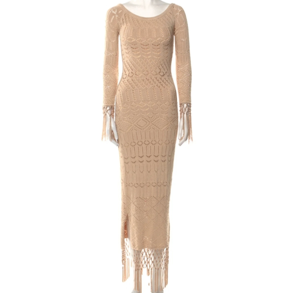 Crochet Knit Fringe Maxi Dress in Peachy Pink House Of Harlow x Revolve